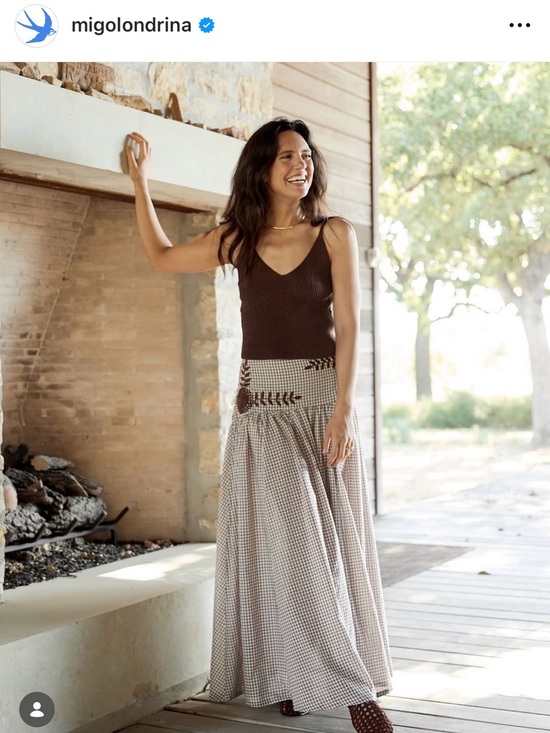 Mi Golondrina Dresses & Skirts - Mi Golondrina Brown and White Gingham Maxi Skirt with Floral Embroidery